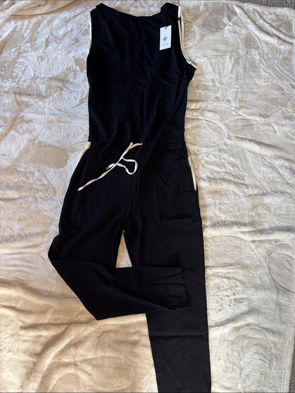 Reiss Black Sleeveless Jumpsuit with Cream Drawcord Trim